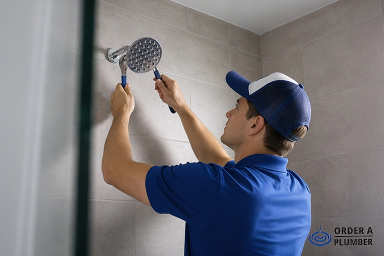 Low Water Pressure Repair Suffolk County Plumber Order A Plumber technician repairing a showerhead to fix low water pressure