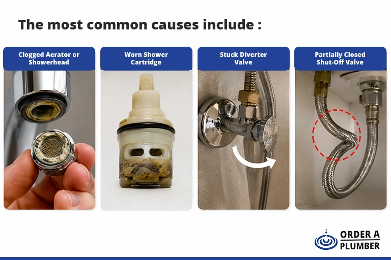 Common Causes of Low Water Pressure Repair Suffolk County Four common causes of low water pressure: clogged aerator, worn shower cartridge, stuck diverter valve, and partially closed shut-off valve